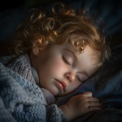 A close up of a child sleeping on a bed