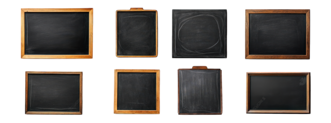 collection of eight wooden-framed chalkboards of varying sizes and shapes. set against a white background these chalkboards are blank and can be used for writing. drawing. or displaying messages. maki