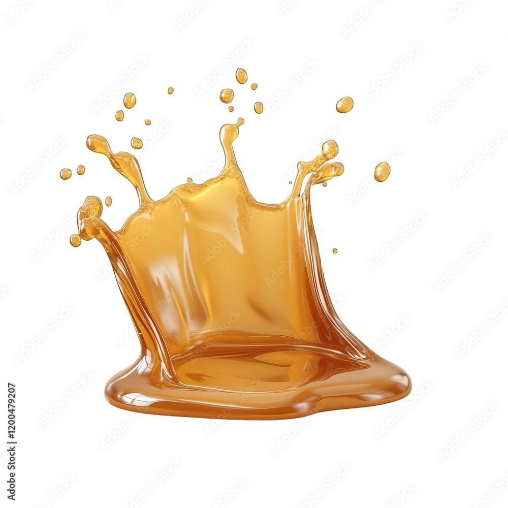 Poster a dynamic splash of amber-colored liquid. resembling syrup or honey. creating a visually striking ef