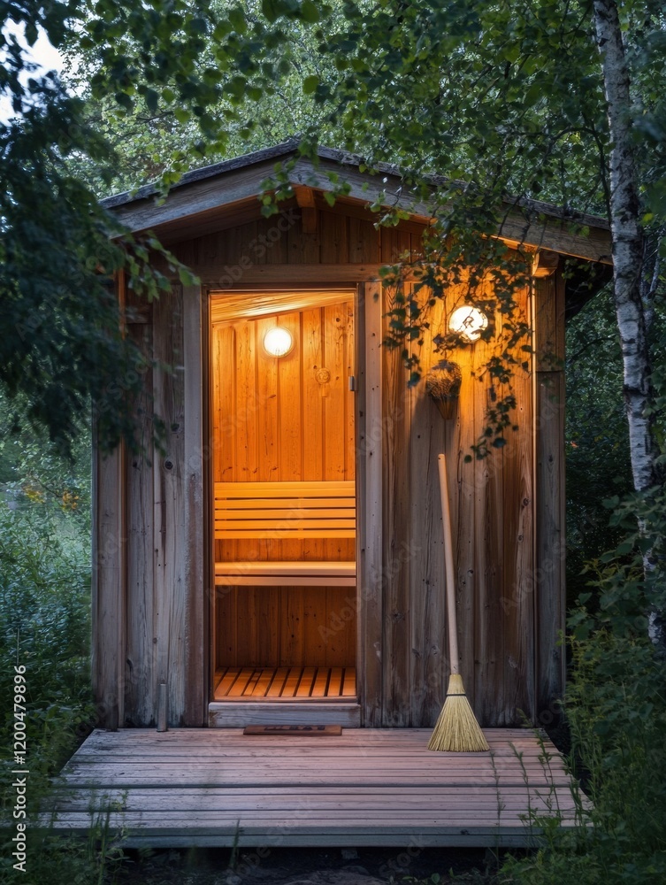 Poster relaxation in a wooden sauna nestled in nature with soft lighting and surrounded by lush greenery. g