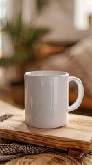 Fototapeta premium Minimalist White Mug on Wooden Surface with Cozy Background Setting