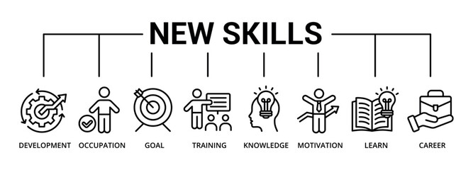 New skills banner icon with development, occupation, goal, training, knowledge, motivation, learn, career