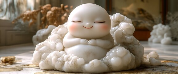 Serene chubby Buddha figurine, clouds, indoor setting, zen decor