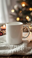 Fototapeta premium Cozy Winter Scene with Blank Mug on Knit Blanket and Bokeh Lights