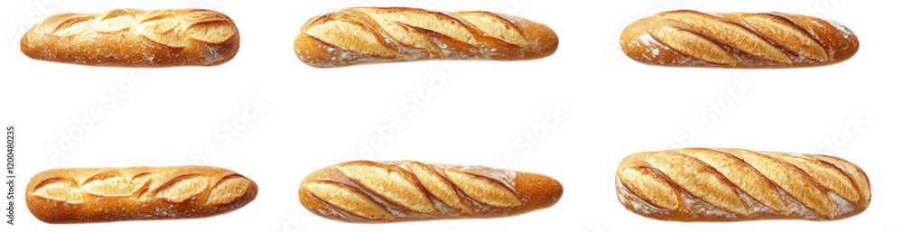 Poster six freshly baked bread loaves. each with a golden-brown crust and decorative slashes on top. arrang