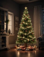 A beautifully decorated Christmas tree in a darkened room with only soft fairy lights glowing, ornaments, holiday decor