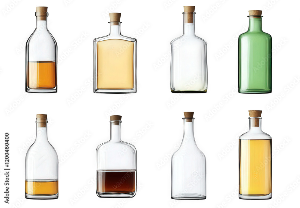 Poster collection of eight glass bottles in various shapes and colors. some filled with liquids of differen