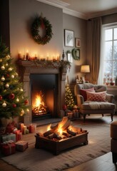 A beautifully decorated living room with a roaring fire and festive decorations on Christmas Eve, cozy living room, holiday cheer, cozy interior