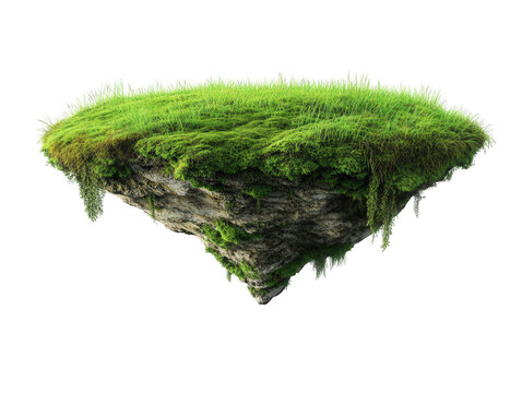 a floating island covered in lush green grass and small plants. suspended in mid-air against a white background this surreal representation highlights themes of nature and fantasy. evoking a sense of