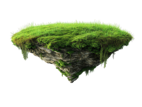 a floating island covered in lush green grass and small plants. suspended in mid-air against a white background this surreal representation highlights themes of nature and fantasy. evoking a sense of