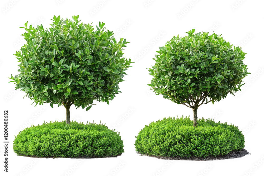 Poster two lush. green trees. each with a rounded canopy. situated on circular patches of grass the trees a