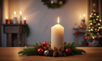 A beautifully lit Advent candle in a festive room with Christmas decorations, inviting ambiance , calm ambiance, soft glow