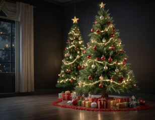 A beautifully lit Christmas tree with ornaments and garlands against a darkened backdrop , festive atmosphere, elegant decor, darkened backdrop