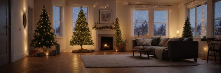 A beautifully lit Christmas tree with fairy lights in a cozy living room, twinkling lights, soft glow, indoor light