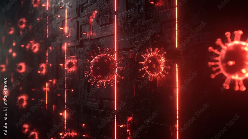 Poster strong glowing wall deflects viruses in a futuristic environment. generative ai
