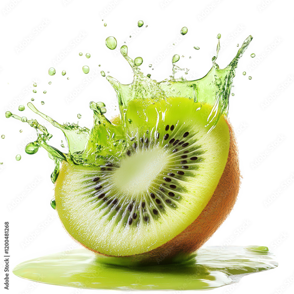 Poster vibrant kiwi fruit. sliced in half. with splashes of green juice cascading around it. creating a ref