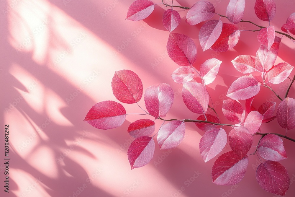 Poster minimalist leaf decor in peach fuzz color with textured background and dramatic shadows