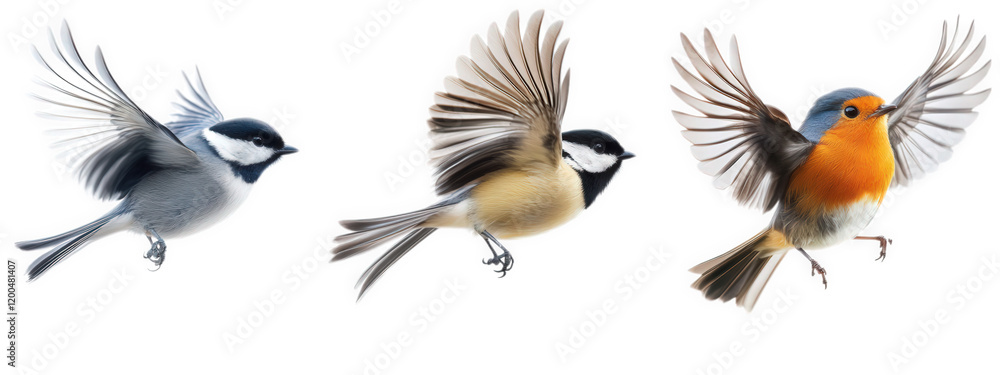 Poster three small birds in mid-flight. showcasing their vibrant plumage and wing patterns against a white 