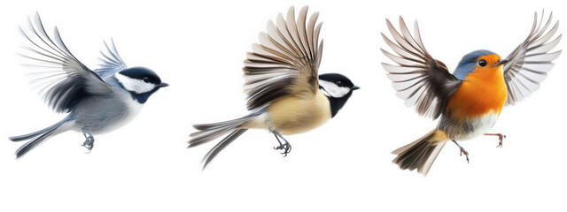 three small birds in mid-flight. showcasing their vibrant plumage and wing patterns against a white background the birds appear to be in a dynamic pose. emphasizing their movement and gracefulness thi