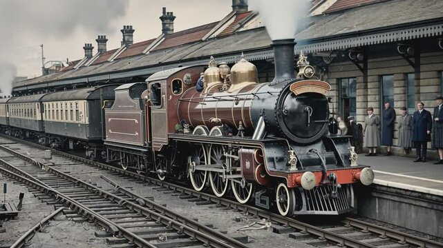 Vintage Steam Train at Station: A majestic vintage steam locomotive, richly adorned in maroon and gold, stands proudly at a railway station platform, with passengers awaiting departure.