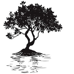 mangrove tree black and white silhouette white background vector
