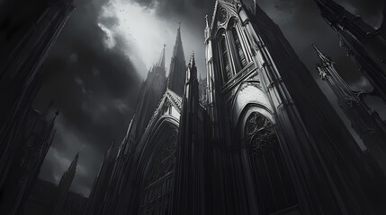 Obraz premium A dramatic view of a gothic cathedral under a moody sky, showcasing intricate architectural details and powerful vertical lines. Gothic Cathedral Shadows. Illustration