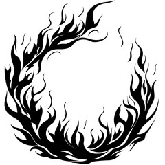 black and white silhouette of flames swirling in a semi circle simple black only white background