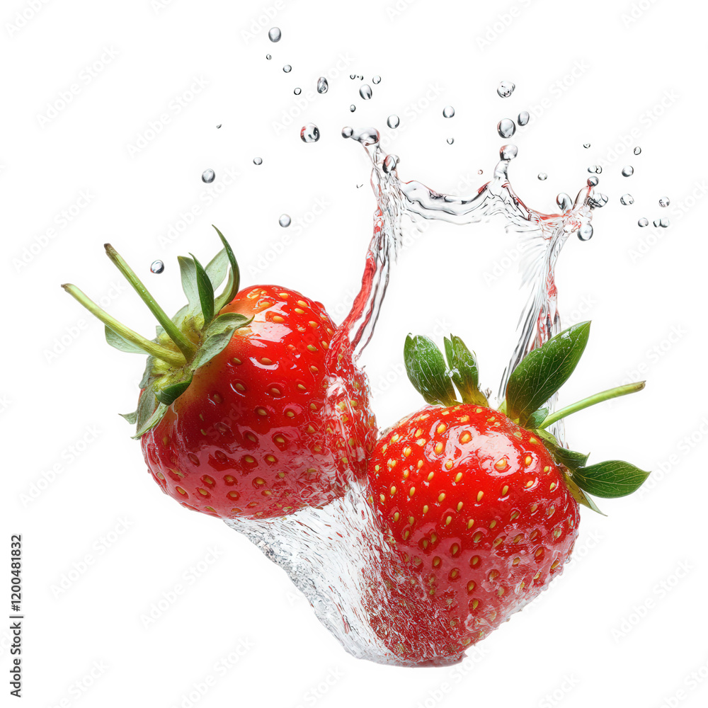 Poster two vibrant red strawberries splashing into clear water. creating a dynamic and refreshing visual ef