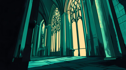 A gothic cathedral bathed in holy light, with shadows retreating into corners. Gothic Cathedral Shadows. Illustration