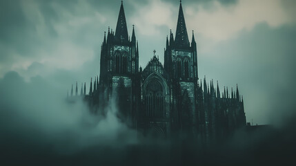 Fototapeta premium A haunting gothic cathedral shrouded in mist, filled with an air of mystery and dark elegance beneath a stormy sky. Gothic Cathedral Shadows. Illustration
