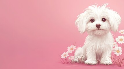 A charming illustration of a fluffy white Maltese puppy sitting amidst pink daisies.  It's an adorable and heartwarming image.