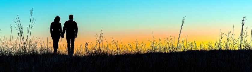 Fototapeta premium Silhouette of Couple Holding Hands Against a Colorful Sunset Sky with Grass Silhouettes in the Foreground