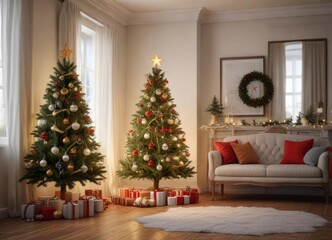 A decorated Christmas tree with ornaments and a star on top in a bright and cozy room, warm ambiance, cozy home