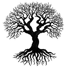 Create a detailed tattoo design in the Viking style of a black leafless tree with its roots and branches intertwined representing both life and death The tree has b