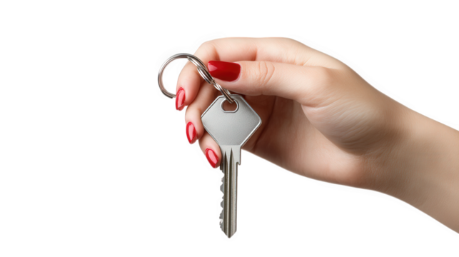 hand with red nails holding a silver key on a keychain against a plain white background the focus is on the key. suggesting themes of security. access. or new beginnings