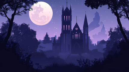 A mystical gothic cathedral under a full moon, surrounded by trees in a night scene. Gothic Cathedral Shadows. Illustration