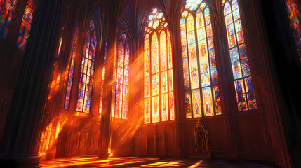A stunning interior view of a cathedral showcasing vibrant stained glass windows and intricate architecture bathed in golden light. Gothic Cathedral Shadows. Illustration