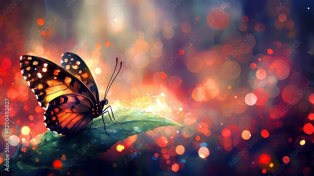 Poster vibrant butterfly on a leaf surrounded by colorful bokeh lights in nature setting for artistic backg