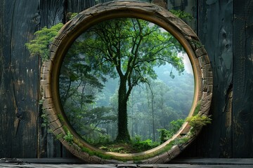  Round frame with tree in the forest, Ai Generated