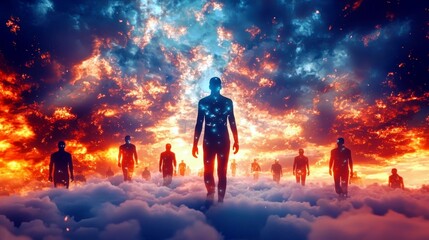 Fototapeta premium Ethereal Journey of Silhouetted Figures Against a Fiery Sky and Cloudscape, Symbolizing Exploration and Transformation