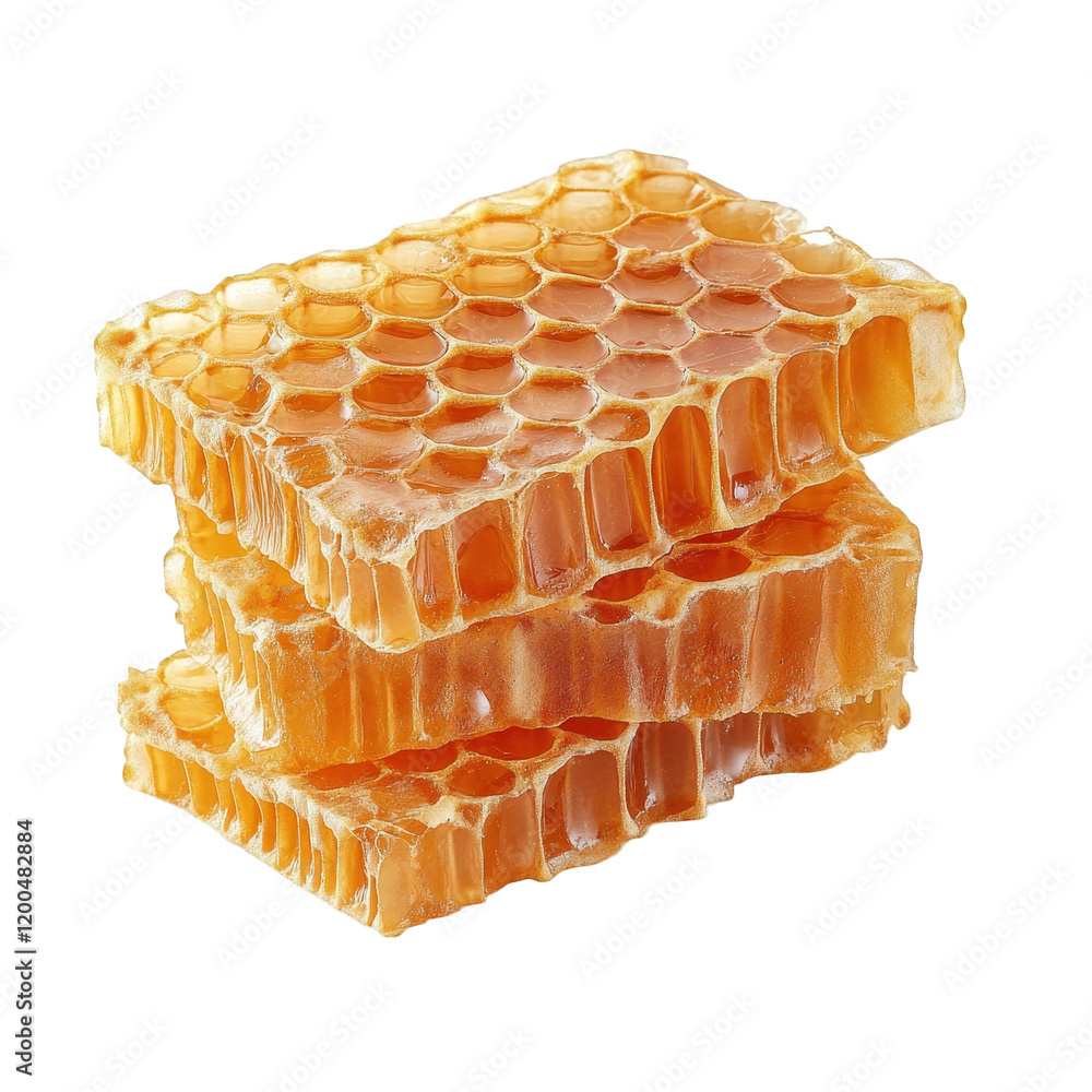 Poster three stacked pieces of honeycomb. showcasing their hexagonal structure and golden hue honeycomb is 