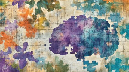 Abstract brain puzzle; colorful pieces; textured background; mental health concept; medical illustration