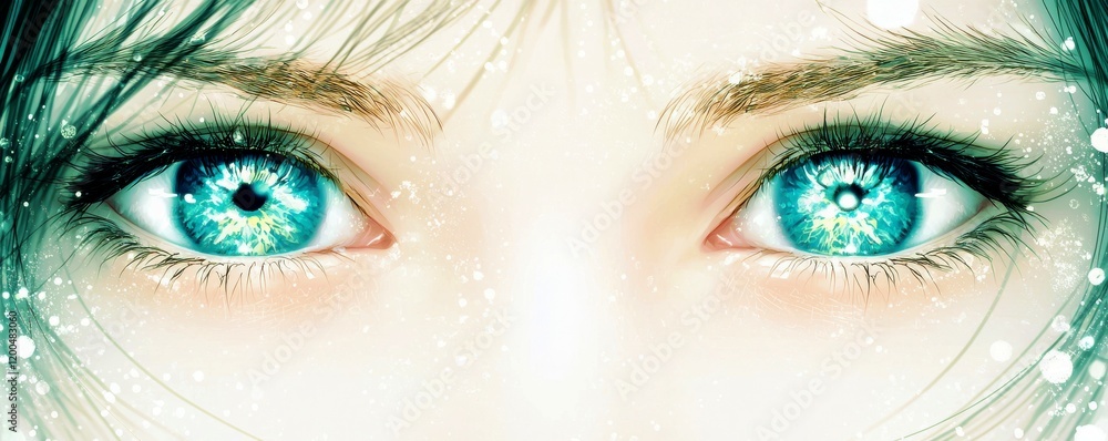 Poster enchanting close-up of piercing bright aqua eyes with sparkling details and intricate patterns, symb