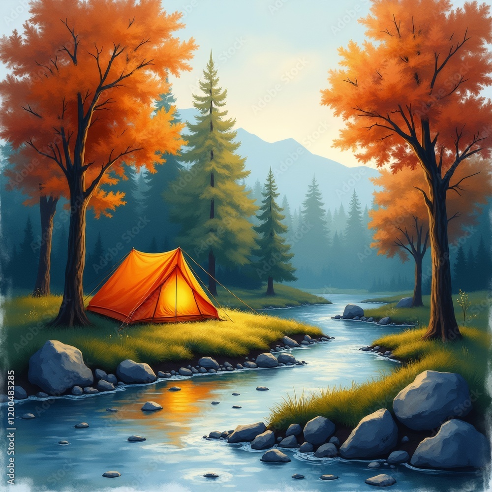 Poster the image is a digital illustration of a camping scene in a beautiful autumn forest. the scene is se