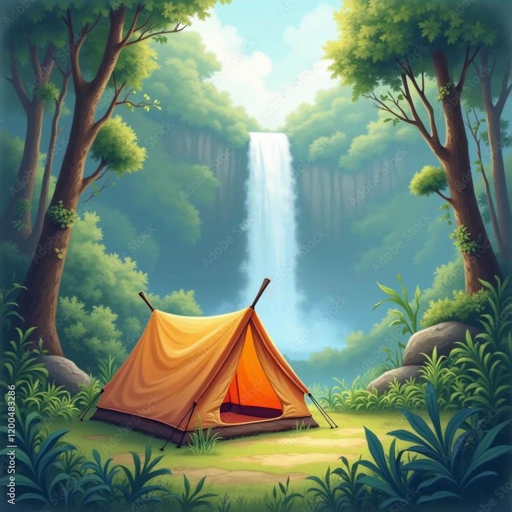 Poster the image is a digital illustration of a camping scene in a forest. in the center of the image, ther