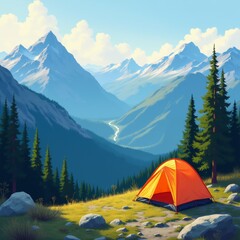 The image is a digital illustration of a beautiful mountain landscape. The sky is blue with white clouds scattered across it. The mountains are covered in snow and have a range of peaks.