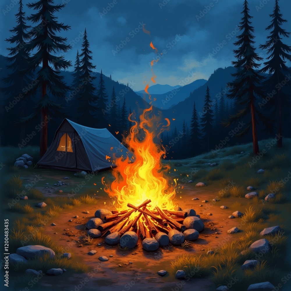 Poster the image is a digital illustration of a camping scene at night. it shows a campfire burning in the 