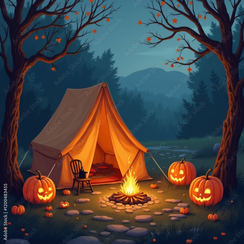 Poster the image is a digital illustration of a camping scene at night. it shows a tent set up in the middl