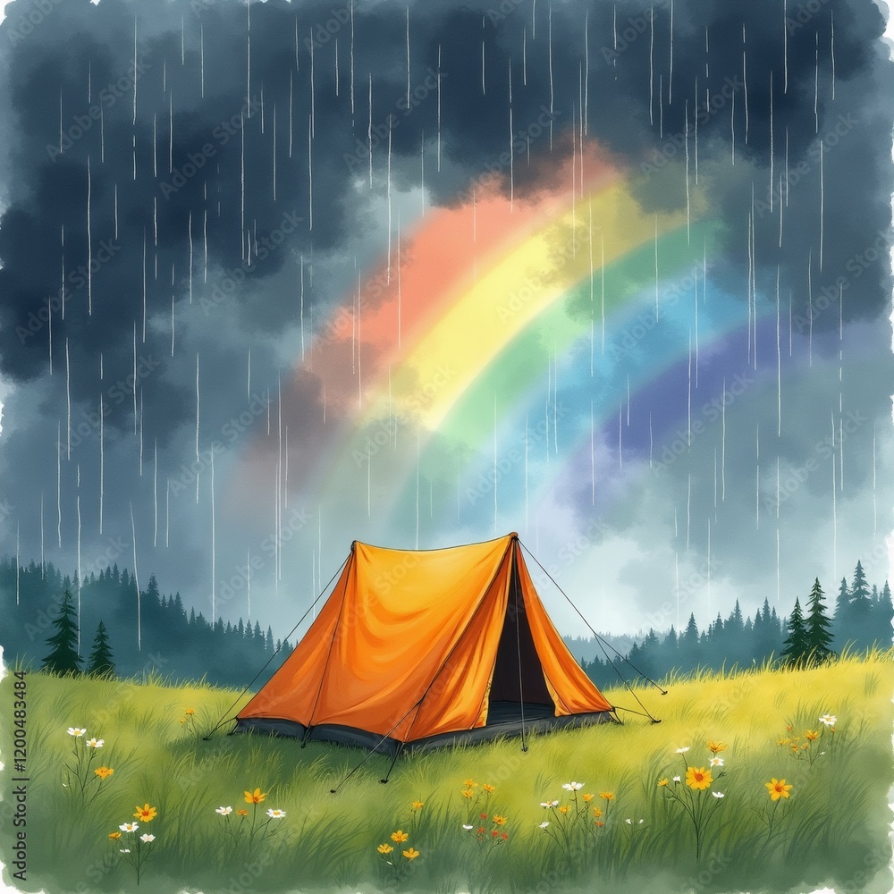 Poster the image is a digital illustration of a camping scene with a tent set up on a grassy field. the ten