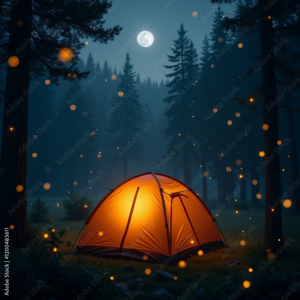 Poster the image shows a camping tent set up in the middle of a forest at night. the tent is orange in colo